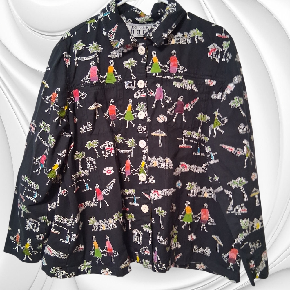 Vintage 1990's KEREN HART Paradise Doodles Black Jean Jacket Size 2x